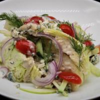 Hearts Of Lettuce Salad · Cherry Tomatoes, Green Apple, Cucumber, Red Onions & Blue Cheese Dressing
