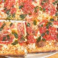 Grandma Pizza (8) Squares) · (Most popular)  Fresh Mozzarella topped w/Chunky tomato sauce and Pesto sauce (No Nuts) on t...
