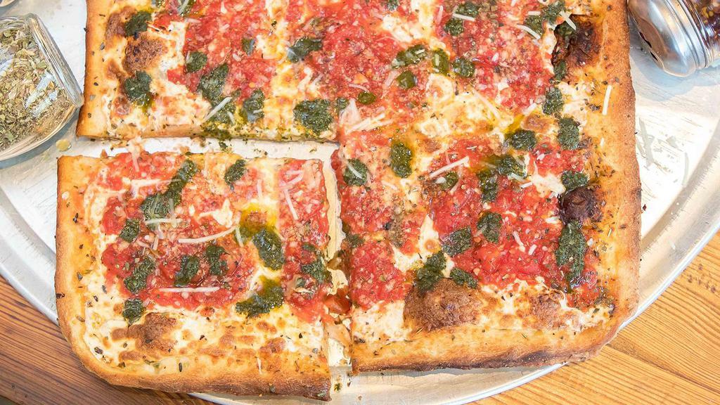 Grandma Pizza (8) Squares) · (Most popular)  Fresh Mozzarella topped w/Chunky tomato sauce and Pesto sauce (No Nuts) on top of a thin crunchy crust