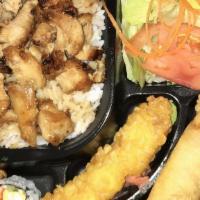 Chicken Bento Box · Served with one shrimp tempura, one vegetable spring roll, four pieces of vegetable tempura,...