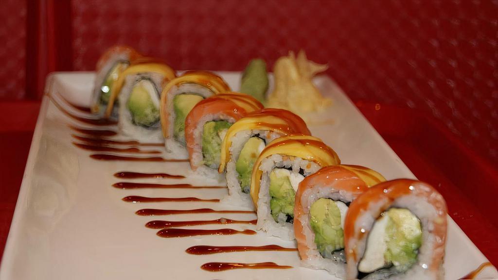 Sunset Roll
 · Seared white tuna, avocado, cucumber, salmon, eel and mango on top, served with mustard dressing.