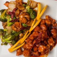 Dragon & Phoenix                                                                                 龙凤配 · Hot and spicy shrimp and chicken with snow peas.