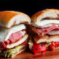 Godfather Sandwich · Popular menu items. Chicken cutlets, prosciutto, fresh mozzarella, roasted peppers, lettuce,...