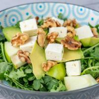 Apple Avocado Salad · Baby arugula, green apple, avocado, chopped walnuts &
crumbled feta cheese with olive oil & ...