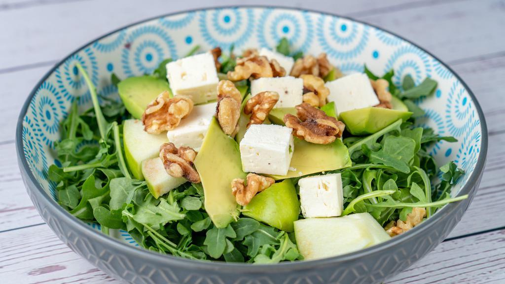 Apple Avocado Salad · Baby arugula, green apple, avocado, chopped walnuts &
crumbled feta cheese with olive oil & lemon dressing