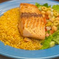Fresh Salmon · Served with rice garden salad and choice of sauce.