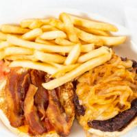 English Pub Burger · 1/2 pound 100% pure beef served with cheddar cheese, bacon, and sauteed onions.