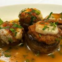 Asiago Stuffed Mushrooms · White mushrooms stuffed with roasted vegetables, pecorino, bread crumbs, and topped with Asi...