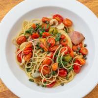 Spaghettini Puttanesca Speciali · Thin spaghetti with fresh grape tomatoes, capers, olives, anchovies, and arugula in garlic a...