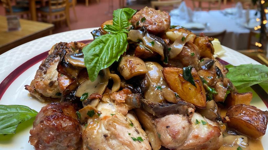 Chicken Scarpariello · Oven roasted, sausage, finished with white wine,
mushrooms, sage and springs rosemary sause, and topped
with crisp roasted potatoes.
