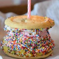 The Birthday Ice Cream Sandwich · Cake batter butter, vanilla icing, rainbow sprinkles, vanilla ice cream between two sugar co...