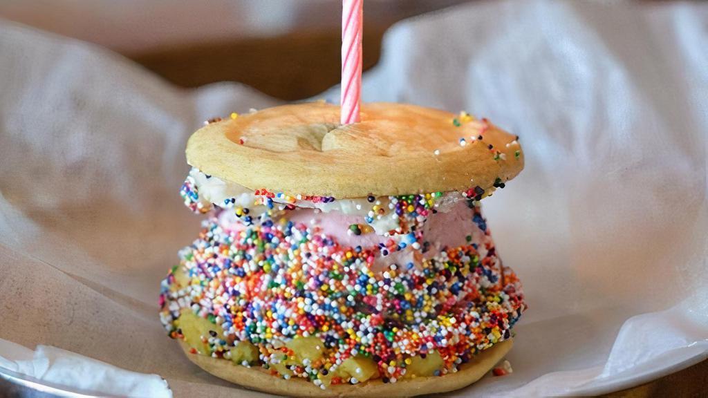 The Birthday Ice Cream Sandwich · Cake batter butter, vanilla icing, rainbow sprinkles, vanilla ice cream between two sugar cookies