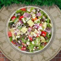 Geekin' Greek Salad · Romaine lettuce, cucumbers, tomatoes, red onions, olives, and tossed with balsamic vinaigret...