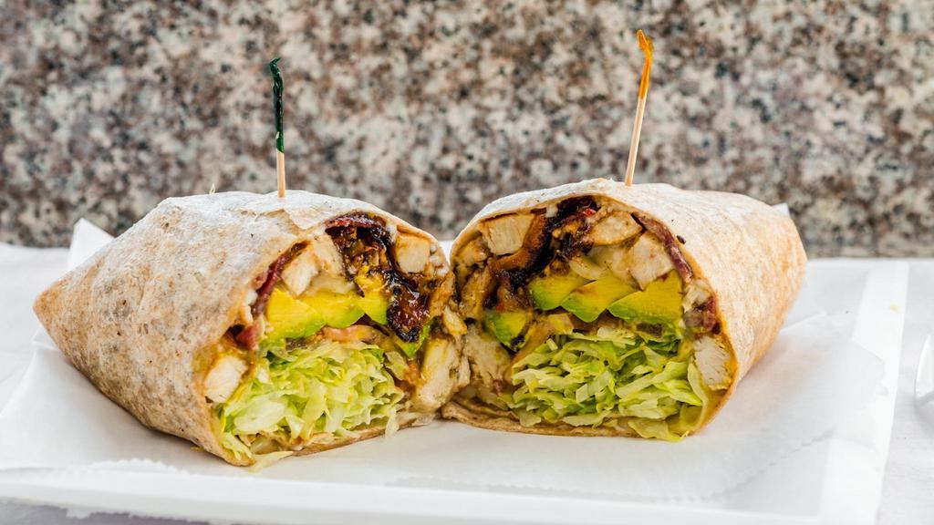 Mexican Combo Wrap · Grilled lemon chicken with avocado, bacon, melted jack cheese, lettuce and tomato. Mayo or mustard.