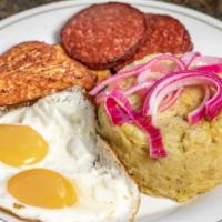 Mangu · Mashed green plantains with butter covered in red onions, comes with choice of fried cheese,...
