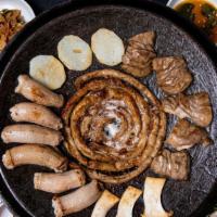Grilled Small Intestine, Large Intestine, Tripe + Korean Soybean Stew - 2 Servings (대막곱 구이+된장찌개 2인) · Small and large intestines, tripe, potato slices, and mushrooms grilled on a large cast iron...