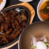 Marinated Pork Rib And Cold Noodle/Spicy Cold Bibim Noodle (돼지갈비 + 물냉면/비빔냉면) · Marinated pork rib served with noodles. Option to choose either cold noodle or spicy cold bi...
