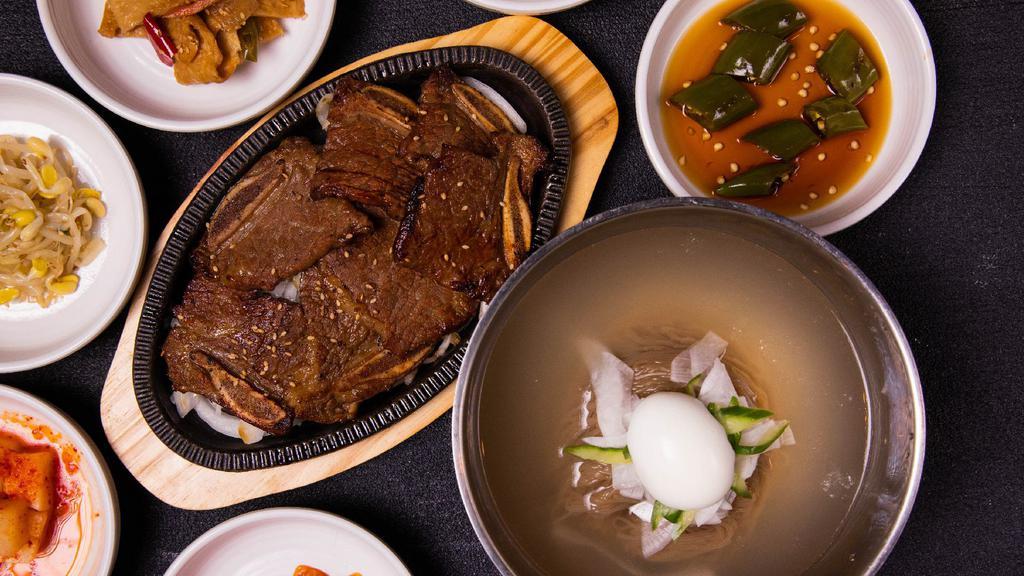 La Galbi And Cold Noodle/Spicy Cold Bibim Noodle (La갈비 +  물냉면/비빔냉면) · Marinated beef short rib served with cold noodle. Option to choose either cold noodle or spicy cold bibim noodle.
