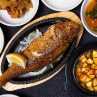 Grilled Croaker And Korean Soybean Stew (조기 + 된장찌개) · Grilled croaker and Korean soybean stew. 

* Includes rice and various side dishes.