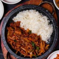 Spicy Marinated Pork (돌판제육덮밥) · Spicy marinated Berkshire pork shoulder stir-fried over rice on a sizzling pan.

* Includes ...