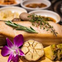 Applewood Smoked Pork Belly - 2 Servings (훈연 통삼겹 2인분) · Thick pork belly is applewood smoked by a special Dumok method. Served with Korean soybean s...