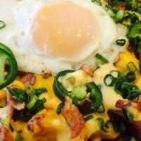 Loaded Kitchen Sink Fries · Cheese fries, roasted pulled pork, applewood smoked bacon, runny egg, scallions and jalapeÃ±...