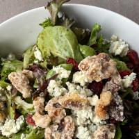 Candied Walnuts Salad · Mixed greens, cranberries, gorgonzola, candied walnuts, honey balsamic dressing