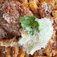 Rigatoni & Meatball · Homemade fresh pasta, tomato sauce, meatball, ricotta, parmesan, basil