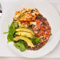 Grilled Chicken Bowl · Served with delicious grilled chicken, avocado, spinach and quinoa with your choice of sauce!