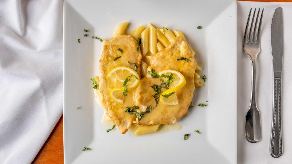 Chicken Francese · Chicken breast with egg, lemon, white wine, and butter sauce. Served with your choice of pasta or salad.