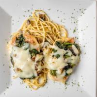 Chicken Saltimbocca · Chicken breast, prosciutto, spinach, and cheese with mushrooms. Served with your choice of p...