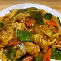 Spicy Curry Chicken · Hot & spicy. Sliced chicken stir fried with red peppers, green peppers and onions in a spicy...