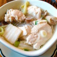 Chicken Soup · Chicken with glass noodles, mushrooms, Napa cabbage and tofu in a clear vegetable broth.