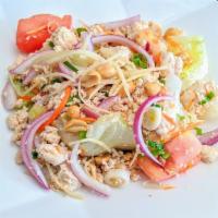 Chicken Ginger Salad · Mild. Ground chicken tossed with red onions, scallions, ginger, carrots, tomatoes and peanut...