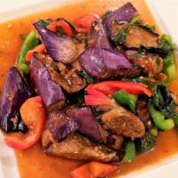 Basil Eggplant · Sautéed eggplant with basil and bell peppers.