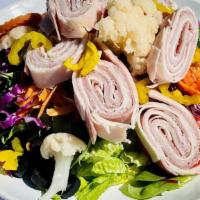 Antipasto Salad · Ham, salami, pepperoni, provolone, over mixed greens, marinated vegetables, and olive oil an...