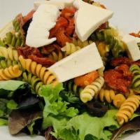 Tri-Color Pasta Salad · Rotini pasta, mixed greens, black olives, fresh mozzarella, roasted peppers, and balsamic dr...