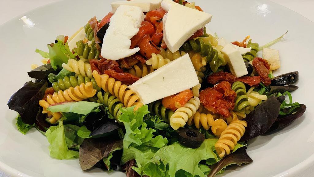 Tri-Color Pasta Salad · Rotini pasta, mixed greens, black olives, fresh mozzarella, roasted peppers, and balsamic dressing.