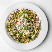 Mediterranean Salad · chopped greens, fresh mozz, kalamata olives, artichoke hearts, roasted peppers, tomatoes, al...