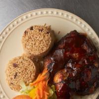 Jerk Chicken Meal · Serves with steamed veggies fried plantains and your choice of either: rice and peas or whit...