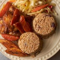 Stew Chicken · Serves with steamed veggies fried plantains and your choice of either: rice and peas or whit...
