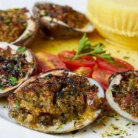 Baked Clams · little neck clams, oreganata, jalapeno, lemon bread crumbs, scampi butter.