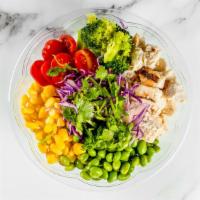 Cluck Chicken · Chicken, corn, cilantro, edamame, mixed with oliva oil, topped with broccoli, cabbage, tomat...