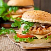 Grilled Chicken Sandwich With Cheese · Charcoal grilled free range chicken served on a potato bun with cheese, lettuce, tomato, pic...