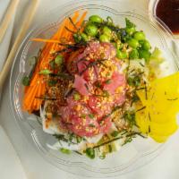 Hawaii Poke · Tuna, cucumber, edamame, tomato, carrot, oshinko, sweet onion, garlic flake, shredded seawee...