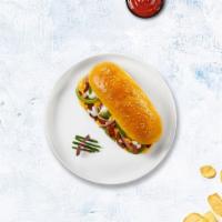 Whiz Cheesesteak · Thinly cut steak, melted cheese, onions, green peppers and cheeze whiz. Served on your choic...