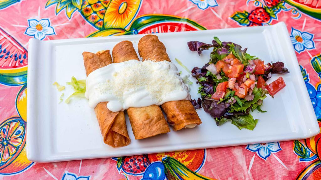Enchilada Mi Bandera · Three corn tortillas stuffed with chicken, cheese, and shrimp. Topped with three salsas (mole, tomatillo, and red sauce).