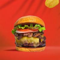 Shroom Soon Vegan Burger · Seasoned plant-based patty topped with mushrooms, melted vegan cheese, lettuce, tomato, onio...