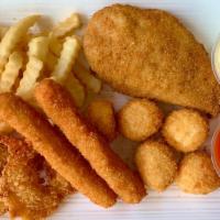 Sanford'S Seafood Fry · One whiting, three shrimp, two crab sticks, five scallops.
+french fries