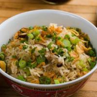 Vegetarian Fried Rice (Vg) · Shiitake mushrooms, broccoli stems, fried garlic, and egg. Vegetarian.
